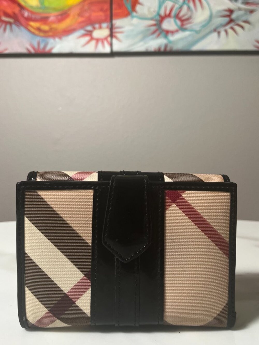 Burberry Nova Check Compact Tri-Fold Wallet Patent Leather Coated Canvas - Picture 2 of 13